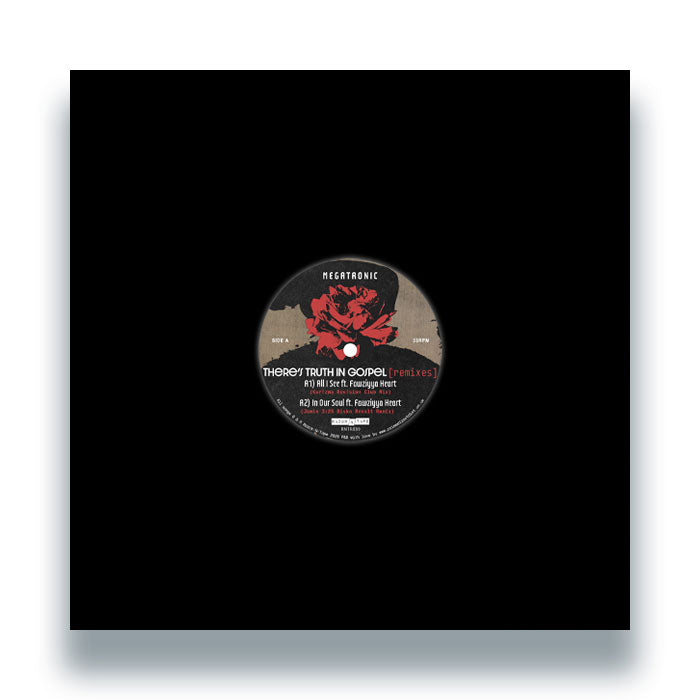 Portada del vinilo Megatronic – There’s Truth In Gospel (Remixes), funda negra con etiqueta central ilustrada.