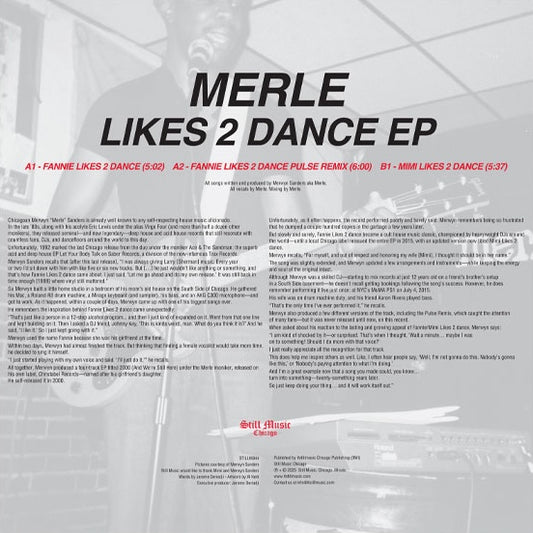 Contraportada del vinilo Merle – Likes 2 Dance EP 12" EP en Still Music, tracklist A1 A2 B1, créditos y texto sobre fondo en blanco y negro.