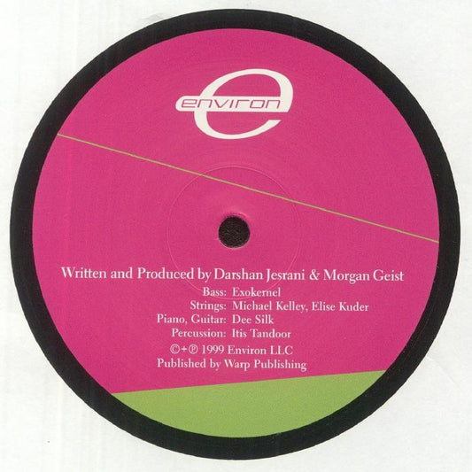 Portada trasera del vinilo Metro Area – Metro Area, editado por Environ en 12". Incluye lista de canciones y créditos del álbum.