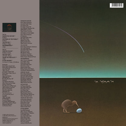 Contraportada del vinilo MFSB – Mysteries Of The World con tracklist, créditos y escena minimalista con ave y huevo, reedición LP Be With Records.