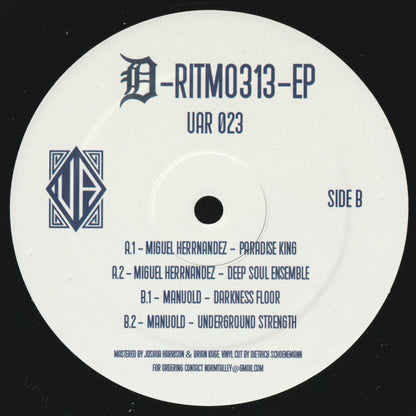 Lado B de vinilo Miguel Herrnandez / Manuold – D-Ritmo 313 EP con etiqueta blanca, catálogo UAR 023, listado de pistas y créditos impresos visibles.