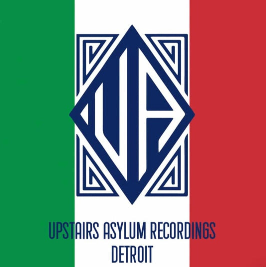 Portada de vinilo Miguel Herrnandez / Manuold – D-Ritmo 313 EP con logo geométrico azul sobre bandera italiana y sello Upstairs Asylum Recordings Detroit.