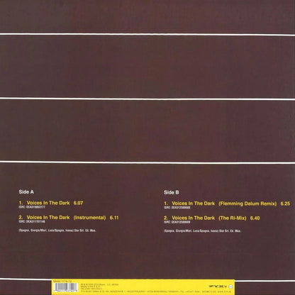 Contraportada del vinilo Mike Cannon – Voices In The Dark de ZYX Music mostrando las pistas, remixes y créditos sobre fondo marrón con líneas blancas.