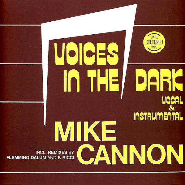 Portada del vinilo Mike Cannon – Voices In The Dark de ZYX Music, edición maxi 12" amarillo, con diseño marrón y tipografía amarilla estilo ochentero.