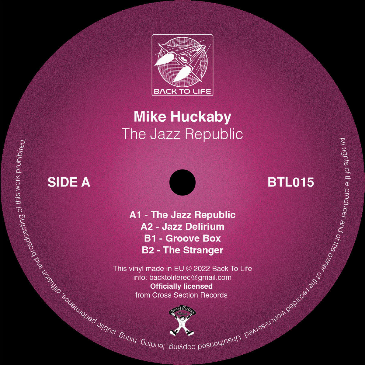 Lado A del vinilo Mike Huckaby – The Jazz Republic en 12" reedición Back To Life, etiqueta rosa con tracks A1-A2-B1-B2, catálogo BTL015 y créditos visibles.
