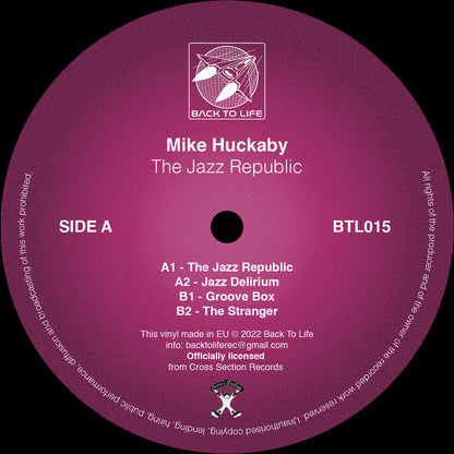 Lado A del vinilo Mike Huckaby – The Jazz Republic en 12" reedición Back To Life, etiqueta rosa con tracks A1-A2-B1-B2, catálogo BTL015 y créditos visibles.