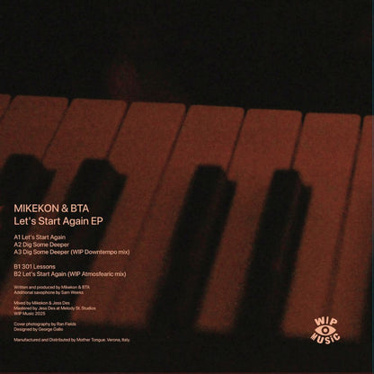 Contraportada del vinilo Mikekon & BTA – Let's Start Again en 12'' EP de WIP Music con listado de pistas y créditos sobre teclas de piano en sombras.