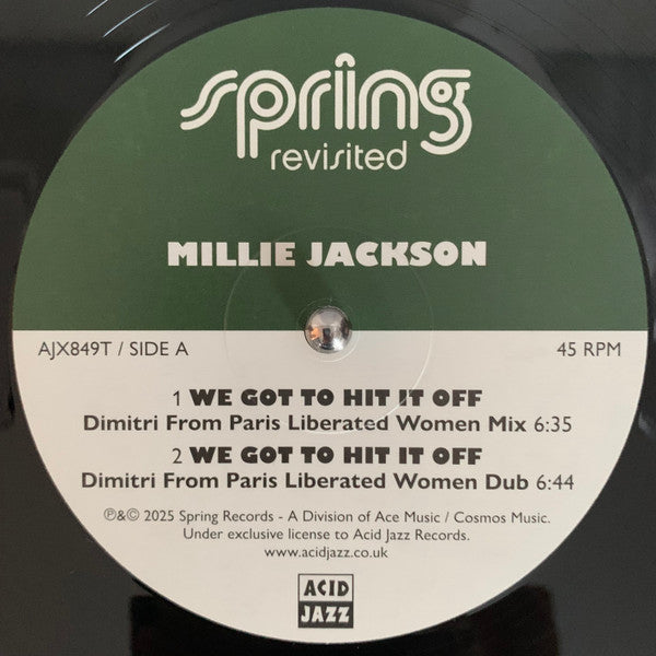 Etiqueta central del lado A del vinilo Millie Jackson – We Got To Hit It Off, incluye dos mixes de Dimitri From Paris y catálogo AJX849T.