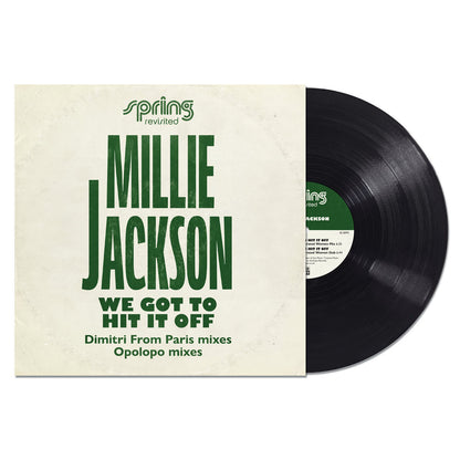 Vinilo 12" de edición limitada Millie Jackson – We Got To Hit It Off parcialmente fuera de su funda, ideal para mostrar en colecciones.