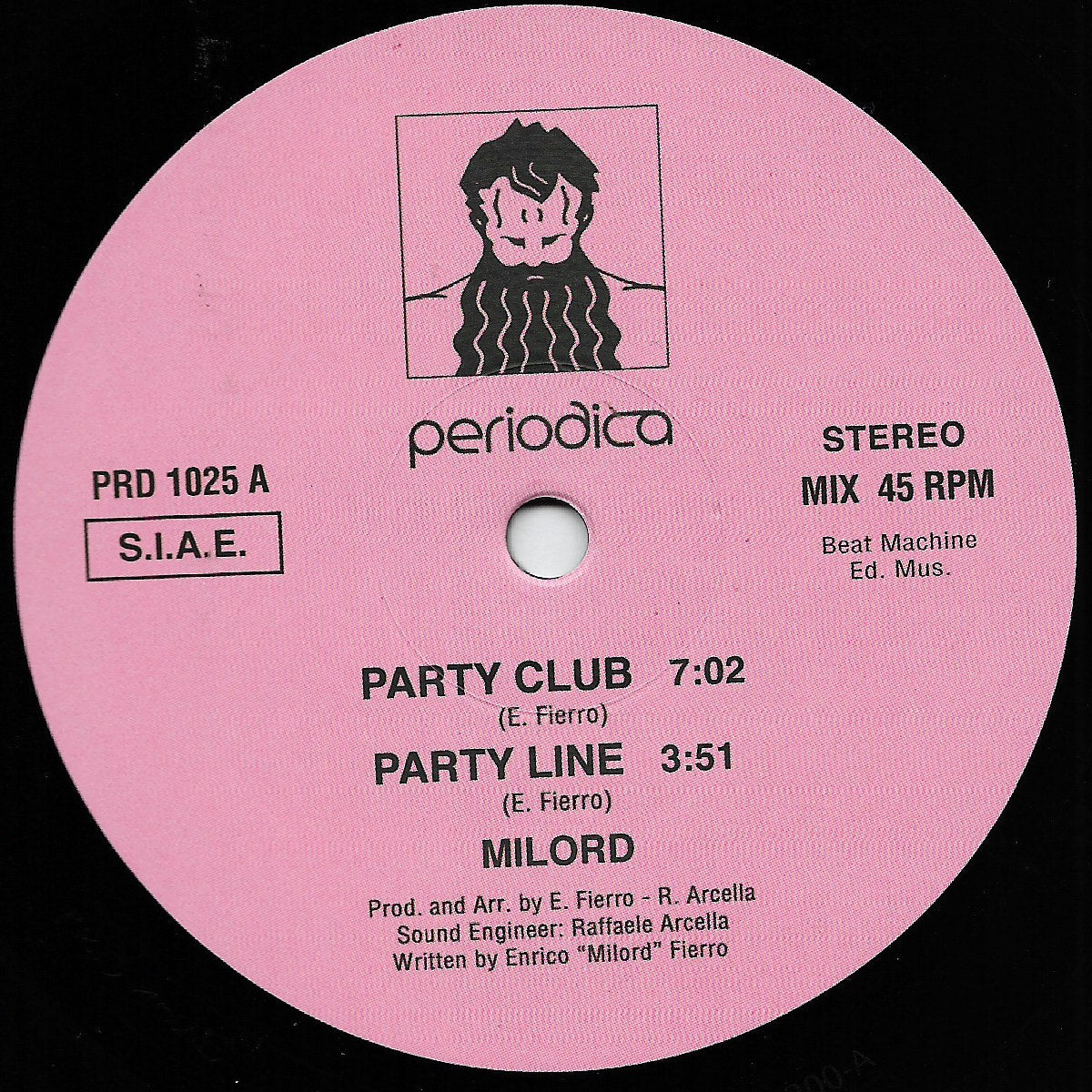 Lado A del vinilo Milord – Party Line con etiqueta rosa, temas Party Club y Party Line, catálogo PRD 1025 A y créditos visibles.
