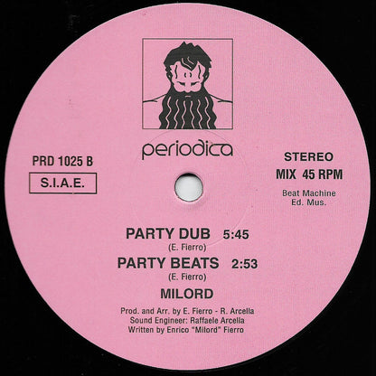 Lado B del vinilo Milord – Party Line con etiqueta rosa, Party Dub y Party Beats, duración de pistas y sello Periodica Records.