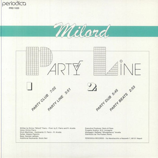 Contraportada del vinilo Milord – Party Line, lanzado por Periodica Records en formato 12". Incluye la lista de canciones, créditos de producción y diseño gráfico.