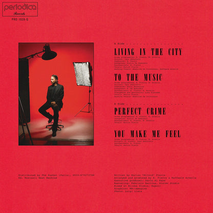Contraportada del vinilo Milord – Perfect Crime, fondo rojo con retrato de estudio, tracklist, créditos y sello Periodica.