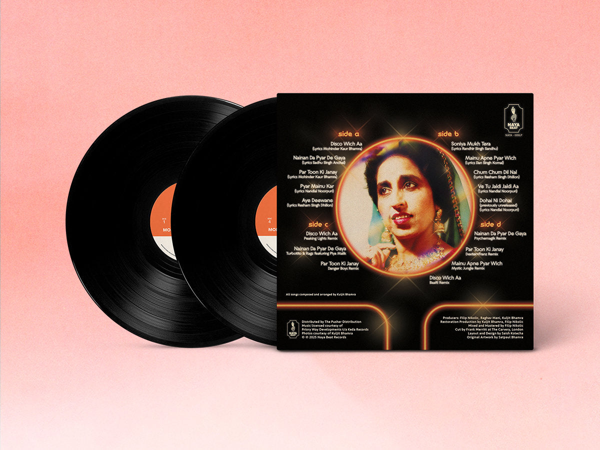 Vinilo Mohinder Kaur Bhamra – Punjabi Disco con contraportada visible, tracklist detallado y doble vinilo negro.