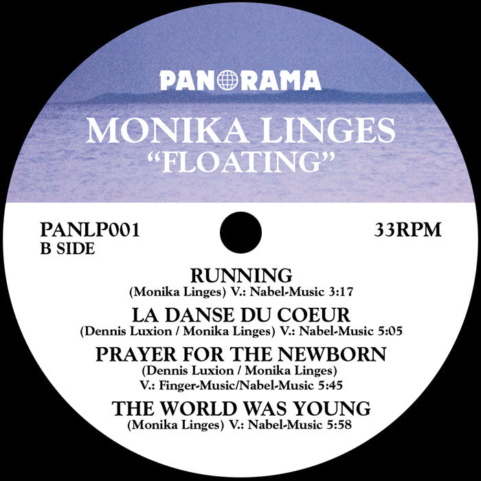 Etiqueta central lado B del vinilo Monika Linges – Floating de Panorama con lista de 3 temas y créditos de composición.