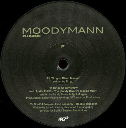 Etiqueta central del lado F del vinilo Moodymann – DJ-Kicks con canciones de Tirogo, Kings of Tomorrow y Soulful Session en 3xLP !K7.