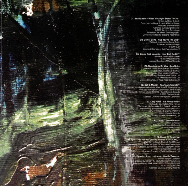 Diseño abstracto con listado de tracks de los lados D y E impreso en el segundo inserto interior del vinilo Moodymann – DJ-Kicks en !K7.
