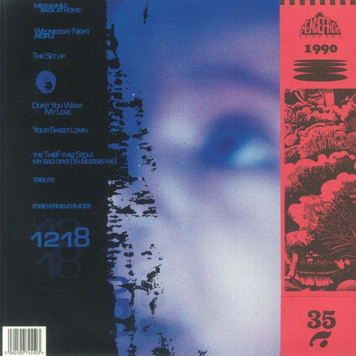 Contraportada del vinilo Moodymann – Forevernevermore mostrando listado completo de pistas, diseño en tonos azules y franja roja de Peacefrog Records.