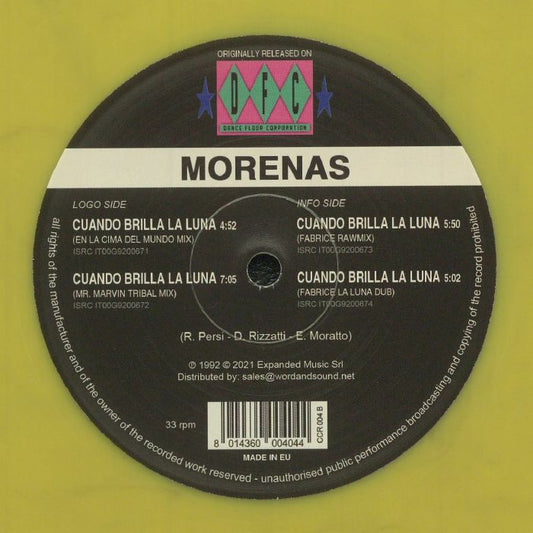 Portada del vinilo Morenas - Cuando Brilla La Luna publicado por Club Culture Rarities. Edición en vinilo amarillo de 12". Texto impreso: "Club Culture Rarities", "Morenas", "Cuando Brilla La Luna".