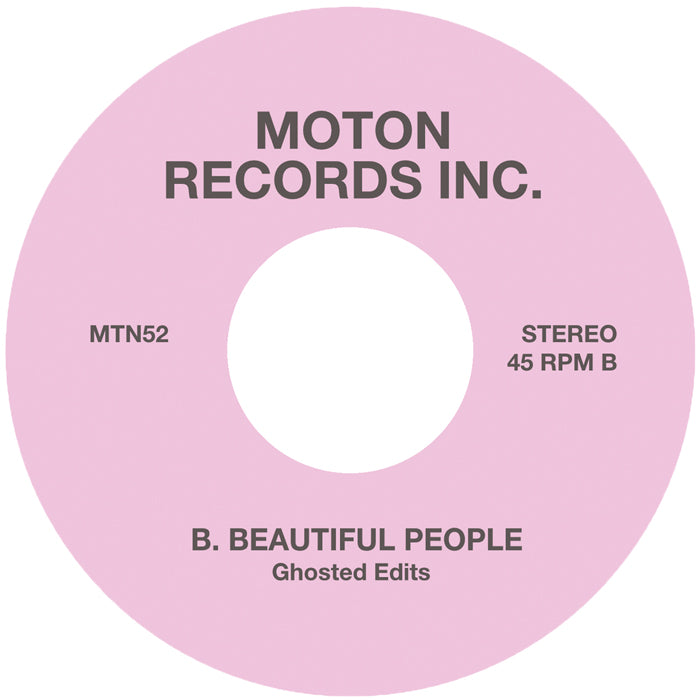 Lado B del vinilo 7" Moton Records Inc. – Ghosted Edits Vol. 2, etiqueta rosa con referencia MTN52, pista “Beautiful People” y crédito Ghosted Edits.