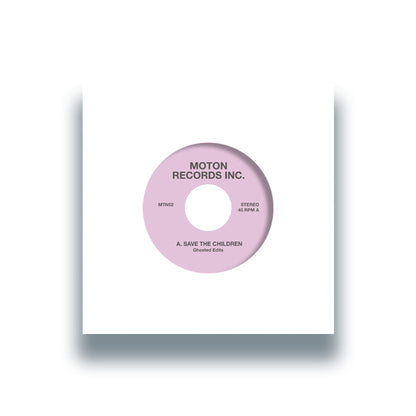 Portada del vinilo 7" Moton Records Inc. – Ghosted Edits Vol. 2, funda blanca con sombra y etiqueta rosa del sello Moton Records Inc. centrada.
