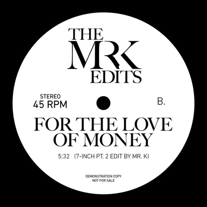 Lado B del vinilo Mr. K – Always There / For The Love of Money, etiqueta blanca con For The Love of Money, 5:32, edit by Mr. K y demo copy.