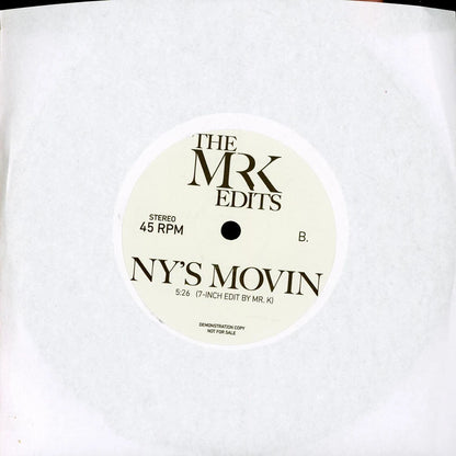 Lado B del vinilo Mr. K – Hey Roots / NY's Movin; etiqueta crema con “NY's Movin” y texto demonstration copy.