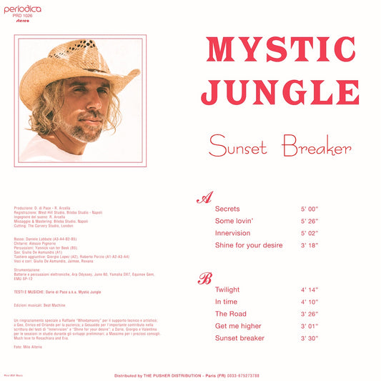 Contraportada del vinilo Mystic Jungle – Sunset Breaker en formato LP con créditos, foto del artista y listado completo de temas.