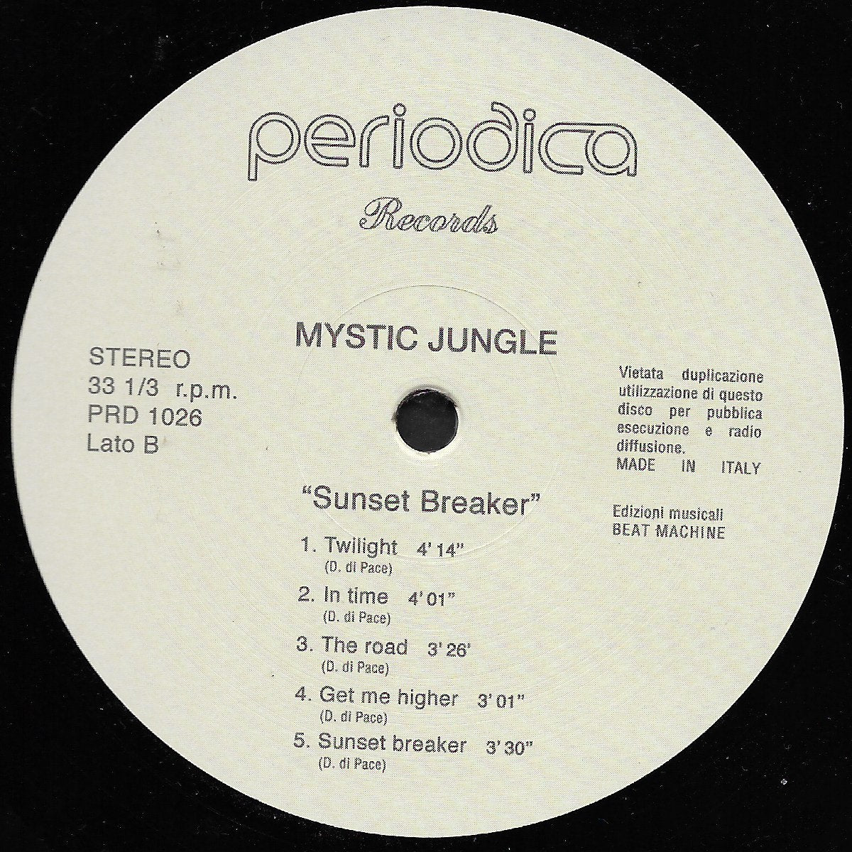 Etiqueta central del lado B del vinilo Mystic Jungle – Sunset Breaker con 5 tracks, tiempos detallados y edición de Beat Machine.