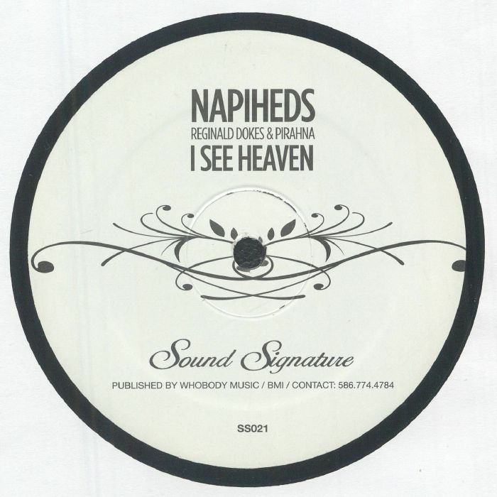 Lado A del vinilo Napiheds – I See Heaven 12" en Sound Stream, etiqueta blanca con I See Heaven, arte floral negro y catálogo SS021.