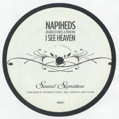 Lado A del vinilo Napiheds – I See Heaven 12" en Sound Stream, etiqueta blanca con I See Heaven, arte floral negro y catálogo SS021.
