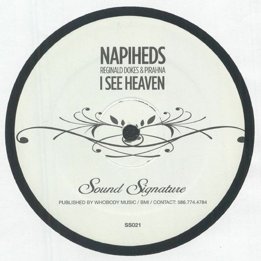 Lado A del vinilo Napiheds – I See Heaven 12" en Sound Stream, etiqueta blanca con I See Heaven, arte floral negro y catálogo SS021.