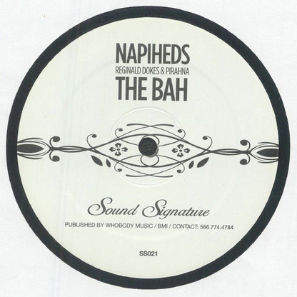 Lado B del vinilo Napiheds – I See Heaven 12" en Sound Stream, label blanca con The Bah, diseño ornamental negro y referencia SS021.