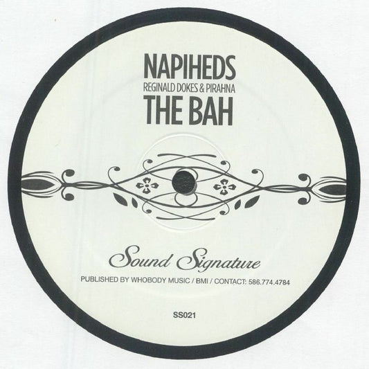Lado B del vinilo Napiheds – I See Heaven 12" en Sound Stream, label blanca con The Bah, diseño ornamental negro y referencia SS021.