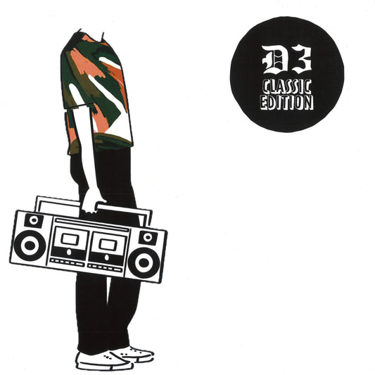 Ilustración minimalista del vinilo Naquil – Krem De La Krem de D3 Elements, con figura sosteniendo un boombox y el sello “D3 Classic Edition”.