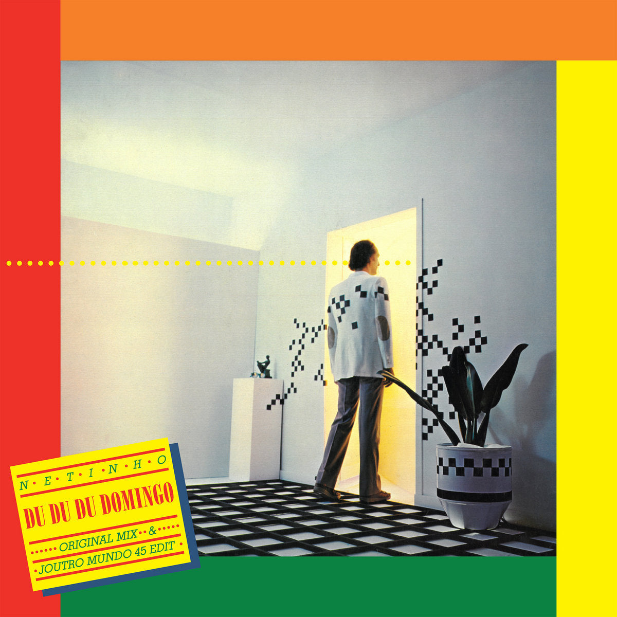 Portada del vinilo Netinho – Du Du Du Domingo, arte pop con hombre frente a puerta luminosa y patrones geométricos, 7" 45 RPM de Onda Boa