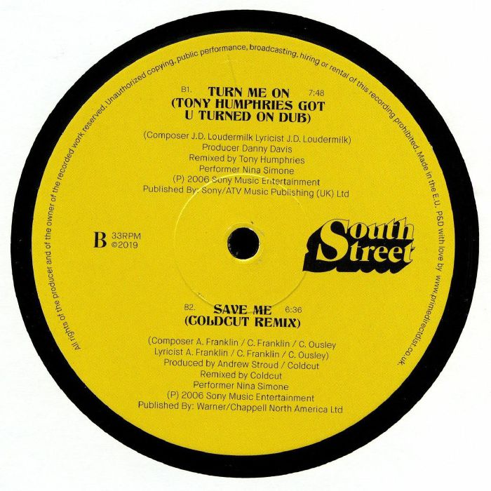 Etiqueta central del lado B del vinilo Nina Simone – Remixes [12"], con los remixes “Turn Me On” (Tony Humphries) y “Save Me” (Coldcut), créditos y logos visibles del sello South Street.