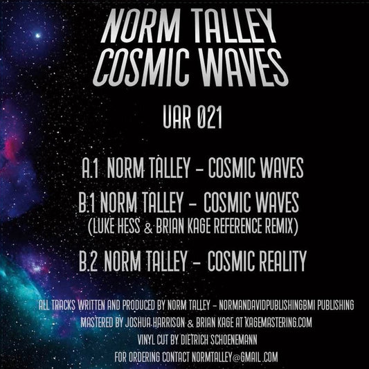 Contraportada del vinilo Norm Talley – Cosmic Waves 12” con listado de pistas, créditos y catálogo de Upstairs Asylum.