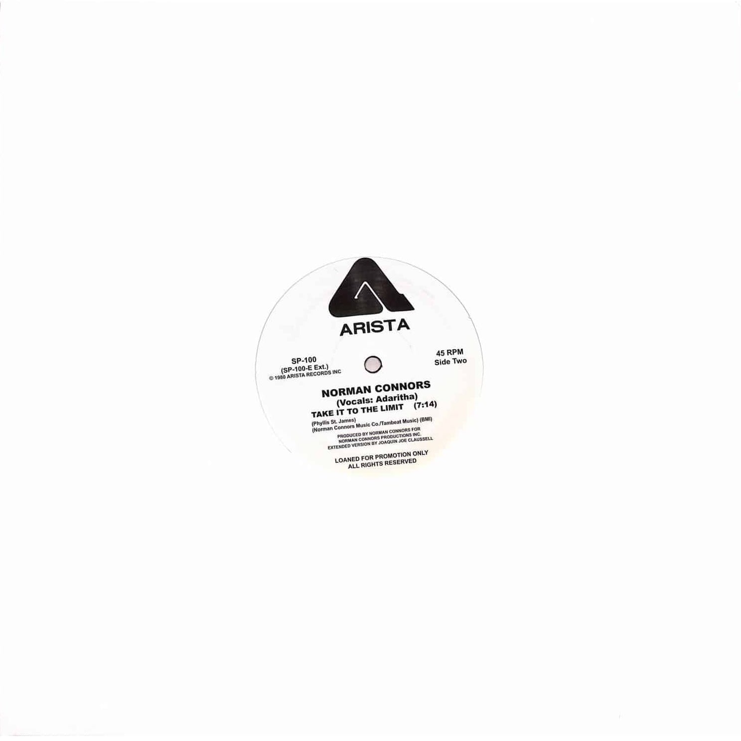 Contraportada del vinilo Norman Connors – Take It To The Limit, edición 12'' 45 RPM promo Arista, lado B con detalles claros.