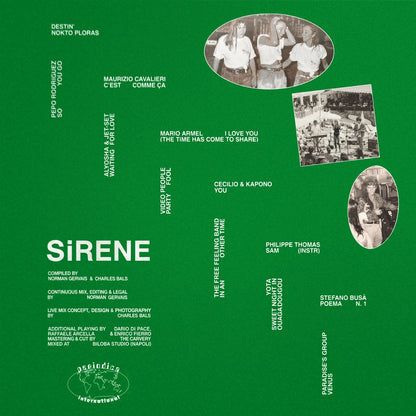 Contraportada del vinilo Norman Gervais & Charles Bals – SiRENE 89, con fondo verde, créditos, fotografías y pistas.