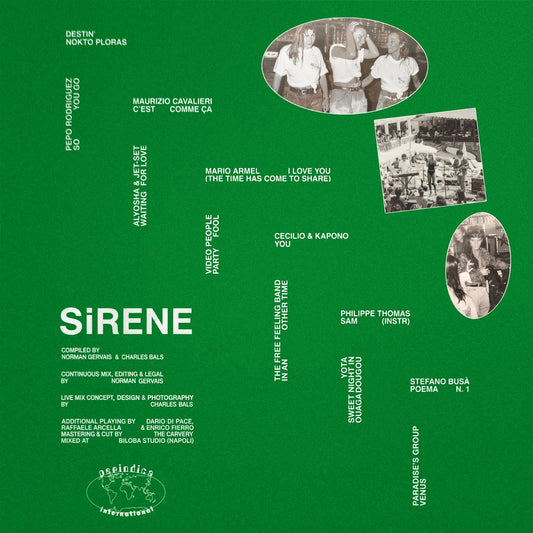 Contraportada del vinilo Norman Gervais & Charles Bals – SiRENE 89, con fondo verde, créditos, fotografías y pistas.
