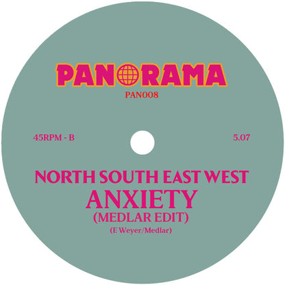 Etiqueta central del lado B del vinilo North South East West – Anxiety de Panorama, con versión Medlar Edit, duración 5:07 y tipografía magenta sobre fondo gris.