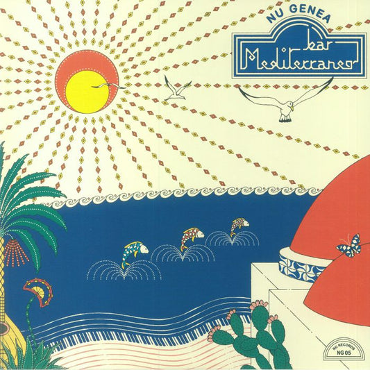 Portada delantera del vinilo Bar Mediterraneo de Nu Genea, lanzado por NG Records en formato LP. Arte colorido con sol, mar y elementos mediterráneos.