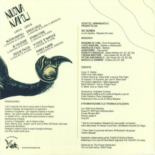 Contraportada del vinilo Nuova Napoli de Nu Genea, publicado por NG Records en LP. Incluye lista de canciones, créditos de músicos y detalles de producción del álbum.