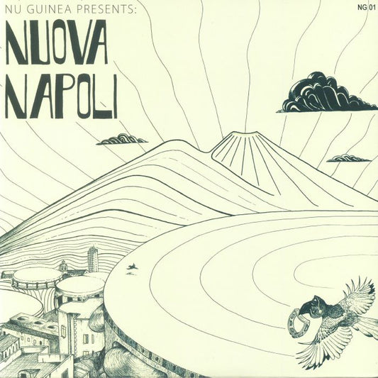 Portada del vinilo Nuova Napoli de Nu Genea, lanzado por NG Records en formato LP. Diseño artístico en blanco y negro con ilustración del Vesubio y el título del álbum en gran tipografía.