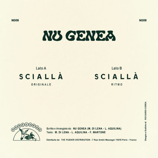 Contraportada del vinilo Nu Genea – Sciallà con créditos, catálogo NG06 y listado de lados A y B.