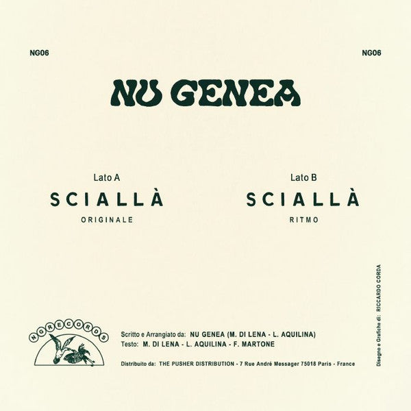 Contraportada del vinilo Nu Genea – Sciallà con créditos, catálogo NG06 y listado de lados A y B.