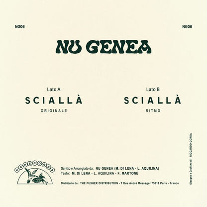 Contraportada del vinilo Nu Genea – Sciallà con créditos, catálogo NG06 y listado de lados A y B.