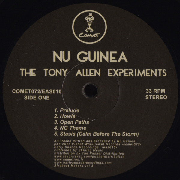 Lado A del vinilo Nu Guinea – The Tony Allen Experiments con etiqueta negra, tracks y datos 33 RPM de Comet Records.