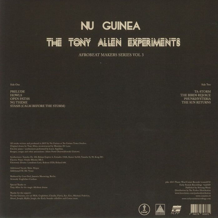 Contraportada del vinilo Nu Guinea – The Tony Allen Experiments con tracklist y créditos, edición LP Mini-Álbum de Comet Records.